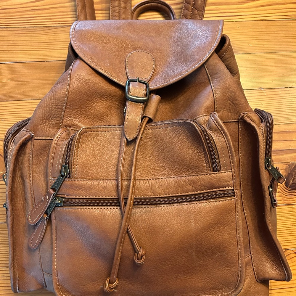 Tan Leather Drawstring Backpack With Front Zip Po… - image 1